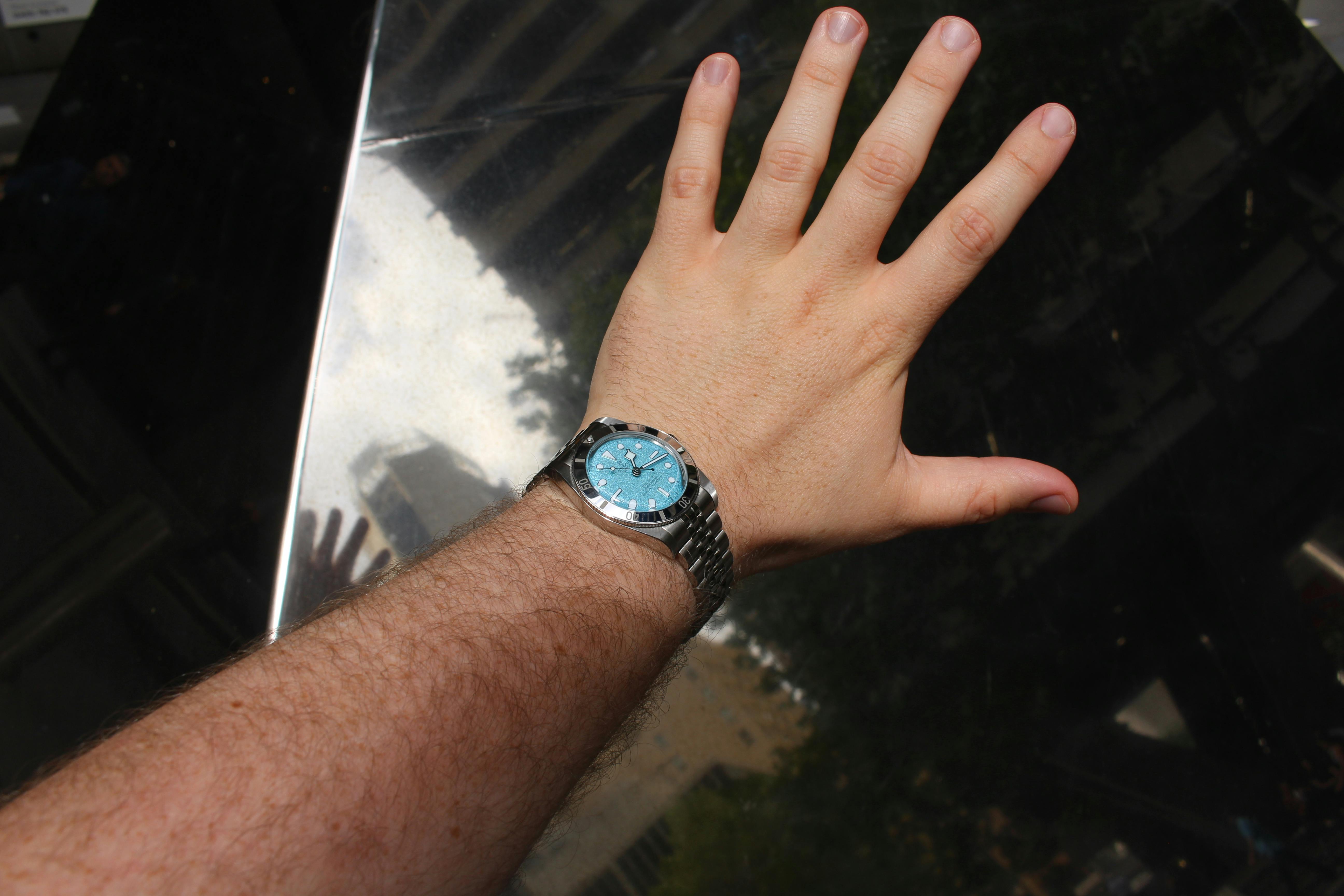Tudor Black Bay 54 "Lagoon Blue" on Jamie Weiss' wrist