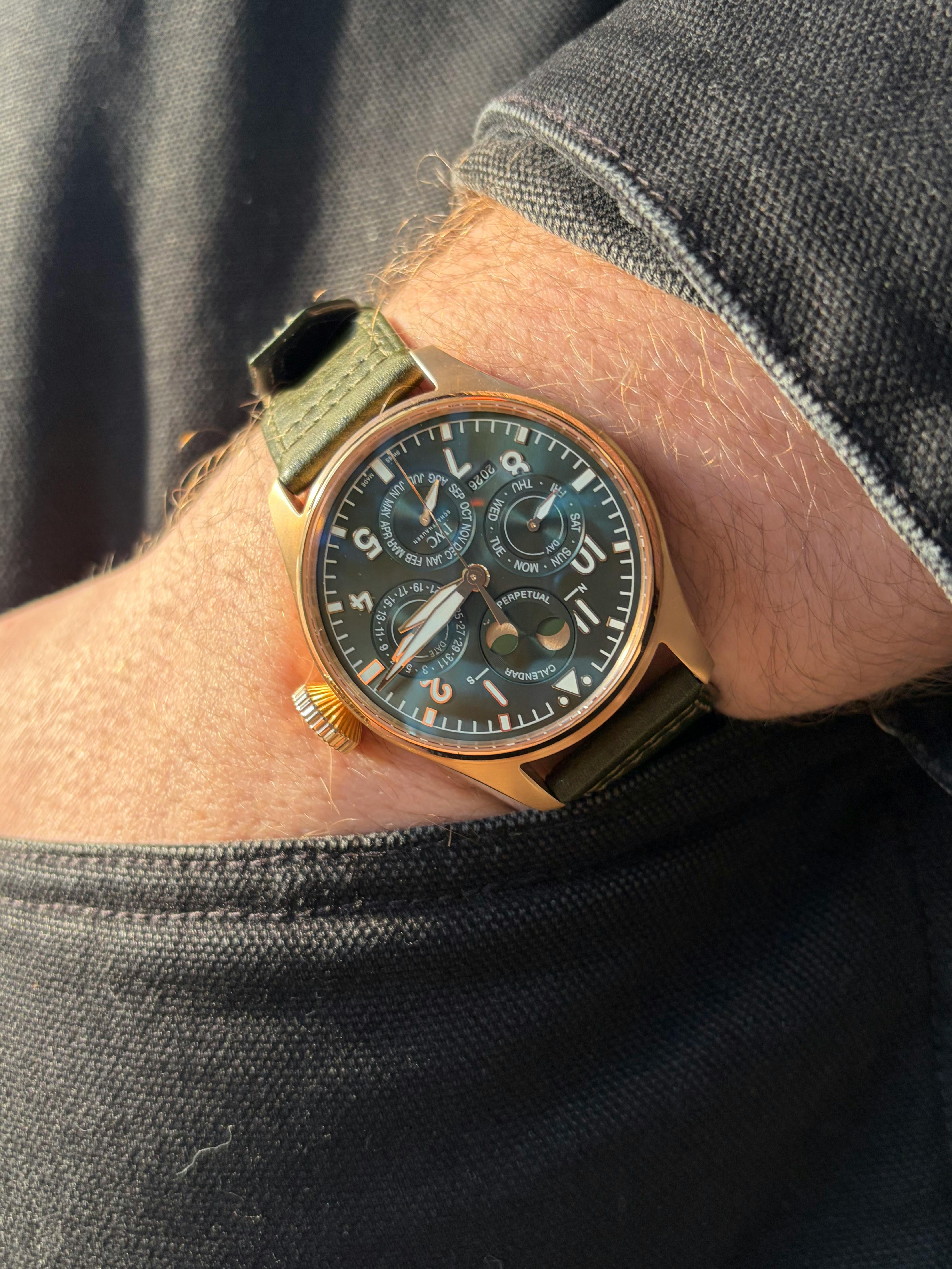 IWC Big Pilot’s Watch Perpetual Calendar ProSet gold on wrist