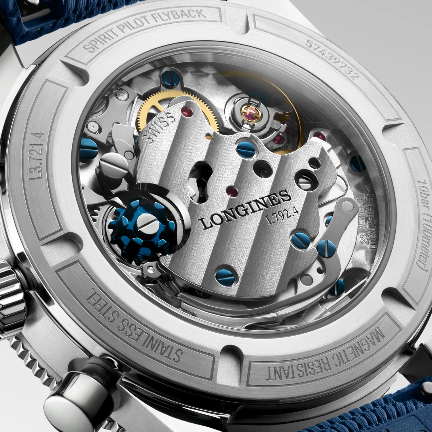 Longines Spirit Pilot Flyback matte blue caseback
